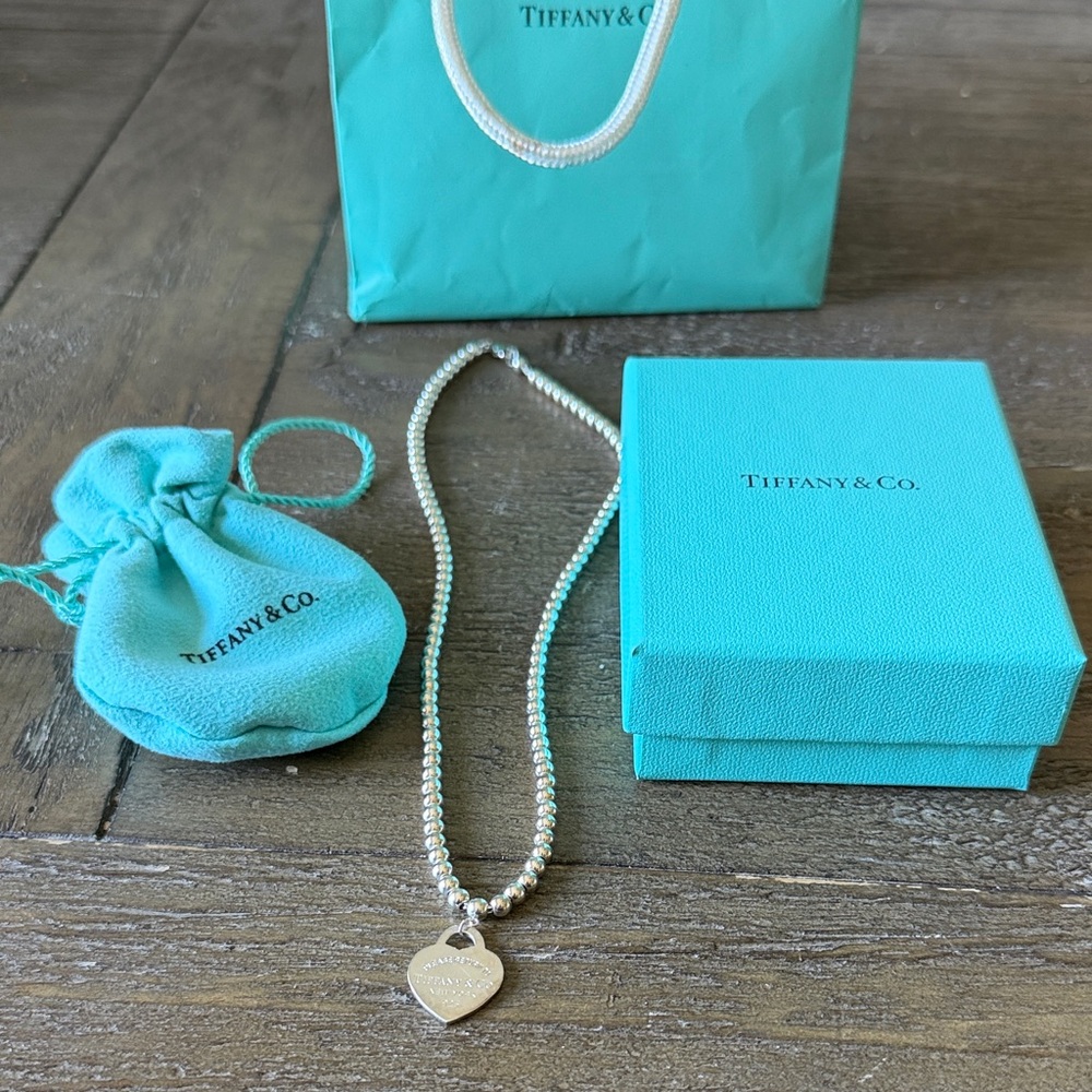 Tiffany & Co. Sterling Silver Beaded Necklace with Heart Tag - Blue